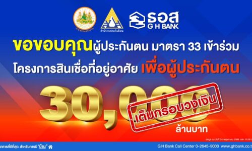 ธอส. ขอขอบคุณผู้ประกันตน มาตรา 33 ตอบรับโครงการสินเชื่อที่อยู่อาศัยเพื่อผู้ประกันตน  หลังเต็มกรอบวงเงิน 3 หมื่นล้านบาท