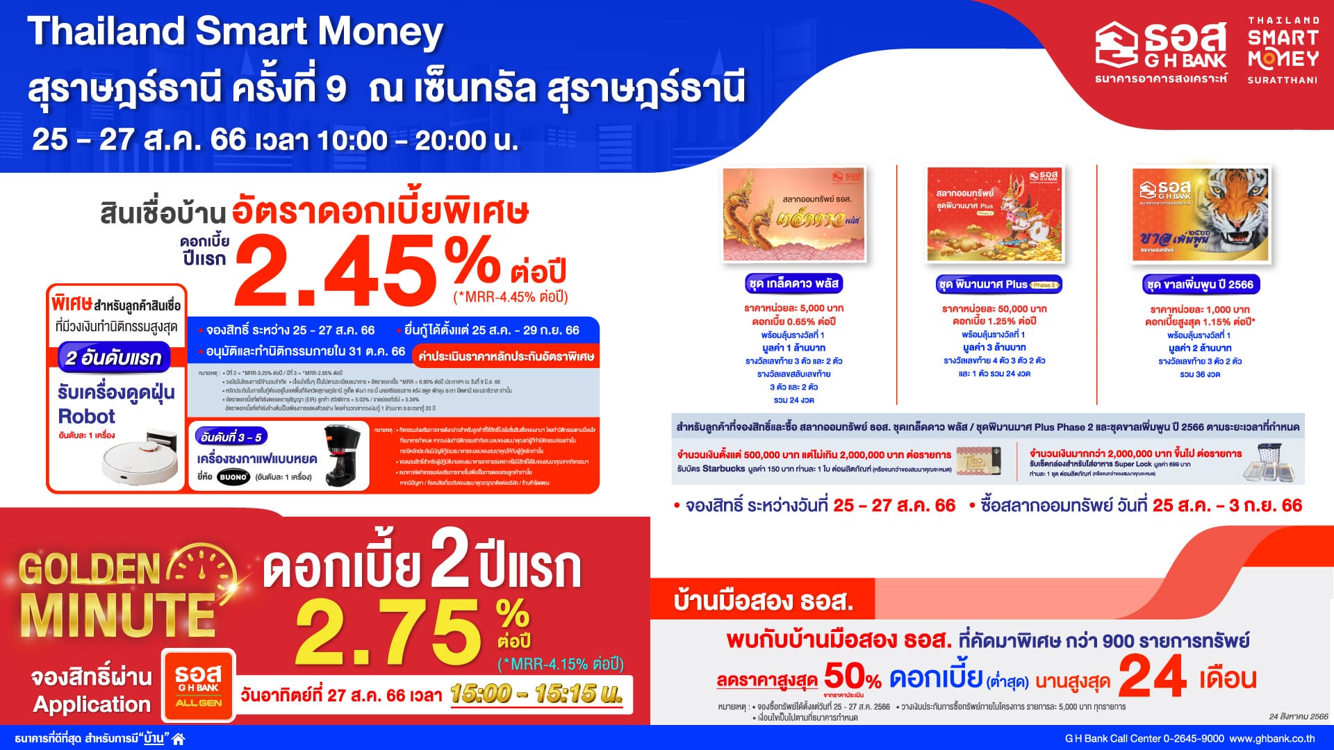 You are currently viewing ธอส. จัดโปรโมชันร่วมงาน “Thailand Smart Money สุราษฎร์ธานี ครั้งที่ 9” ลุ้นรับสินเชื่อบ้าน Golden Minute อัตราดอกเบี้ยต่ำ 2 ปีแรกเพียง 2.75% ต่อปี