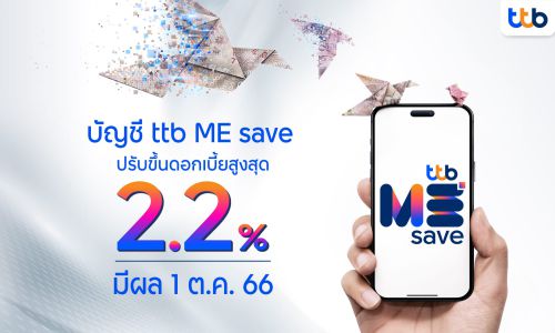 “ทีทีบี”ประกาศปรับขึ้นดอกเบี้ยบัญชี “ttb ME save”รับดอกเบี้ยสูงสุดรวมโบนัส 2.20% มีผล 1 ต.ค. 66